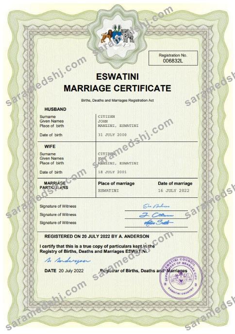 Eswatini marriage certificate Word and PDF template